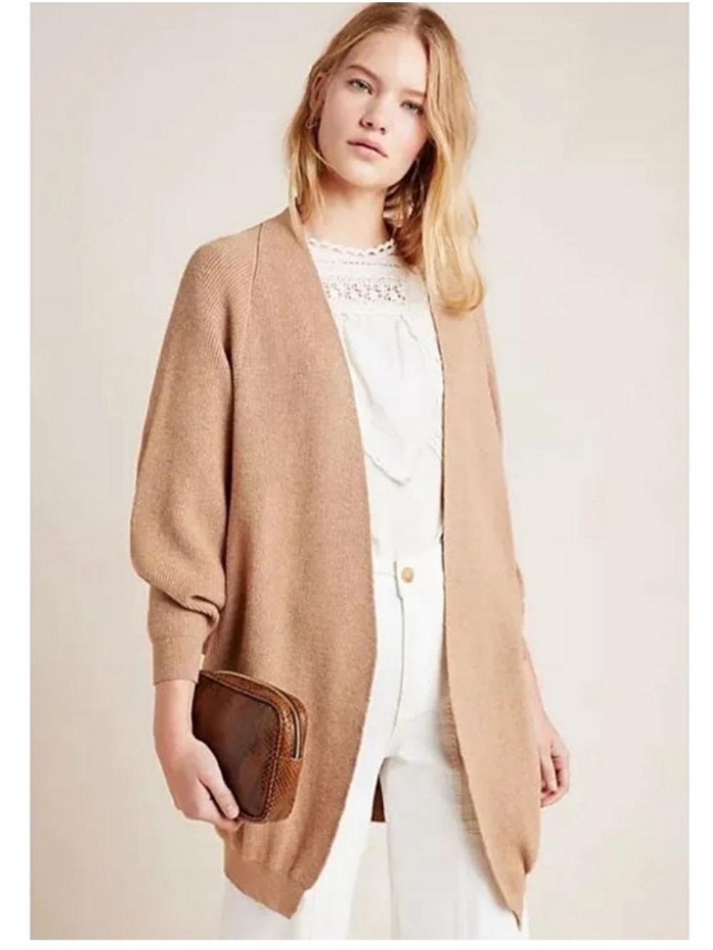 ANTHROPOLOGIE AKEMI + KIN Petra Dolman Sleeve Cocoon Cardigan Sweater Camel